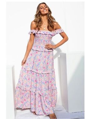 Abel The Label Gemstone Pink Off Shoulder Maxi Dress Small